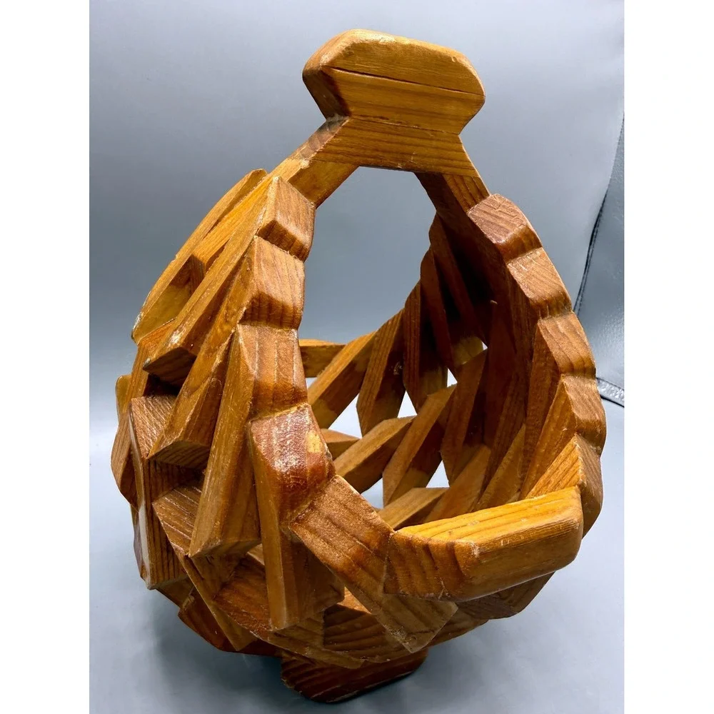 Vintage Folk Art Geometric Interlocking Wood Planter Basket MCM Handle Brown 9in